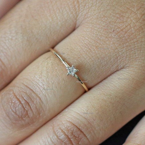 Natural Diamond Petite Star Gold Thin Band Ring 14k Yellow Gold Stacking Ring - Picture 6 of 6