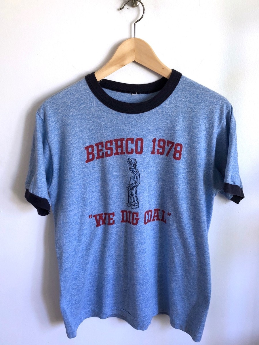 Vintage 70s Ringer T Shirt BESHCO 1978 WE DIG COAL Blue Nice