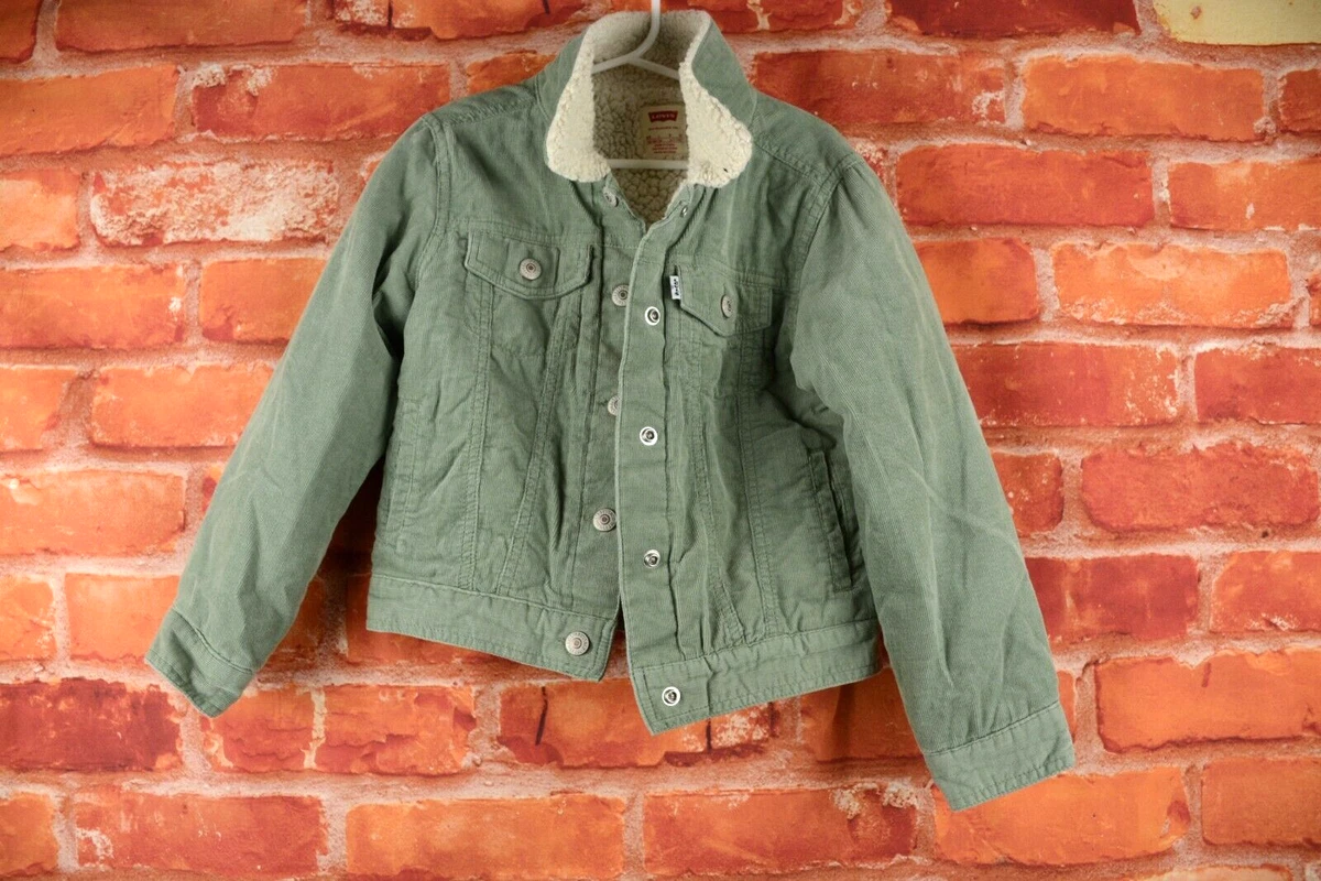 Levis Girls Trucker Jacket 6 Large Green Corduroy Sherpa Lined Cotton
