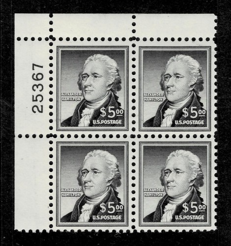 1954, #1053, $5. Hamilton plate # blk/4. MNH, Beautiful blk. - Picture 3 of 4