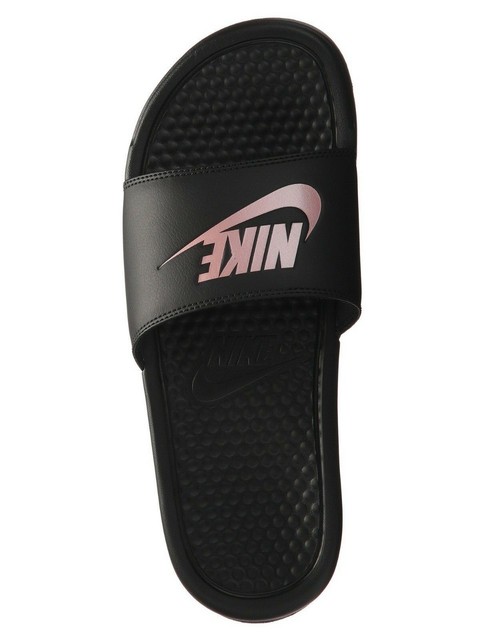black and rose gold nike slides