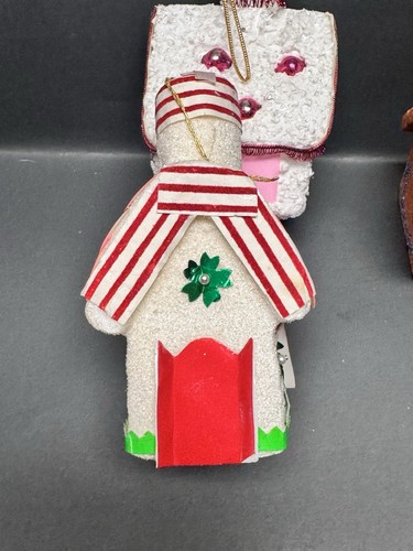 Vtg Styrofoam Christmas House Ornaments JAPAN Gingerbread Flocked Mercury Glass - Picture 12 of 22