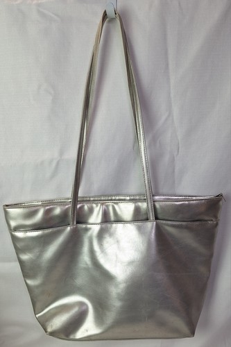Large Metallic Silver Gray Shoulder Bag Purse 16" x 11" Black Interior - Picture 4 of 11