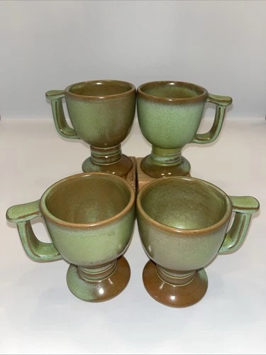 Set Of 4 Vtg MCM Frankoma Pottery Footed Pedestal Mugs Prairie Green C13 EUC