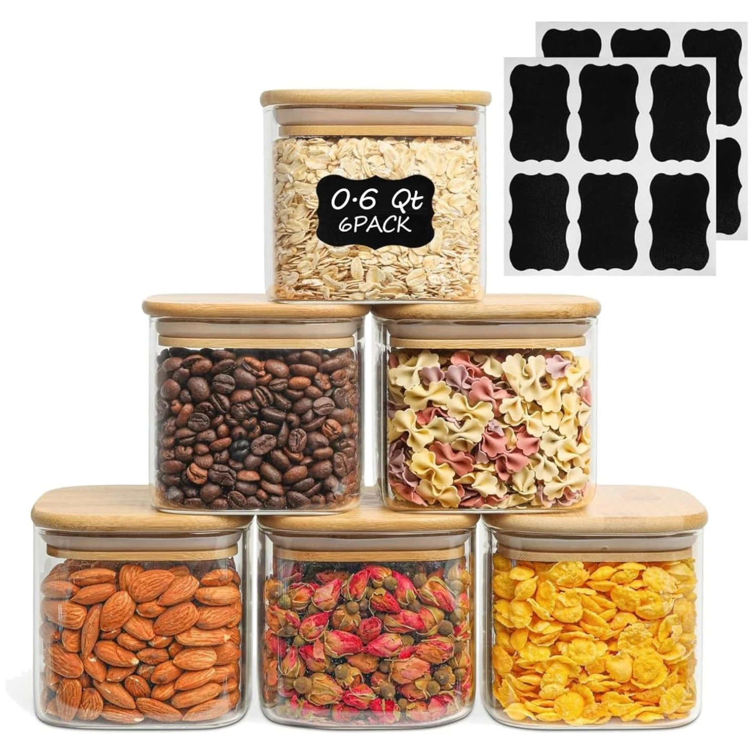 Spice Jars Set of 6 - Glass Storage with Wood Lids