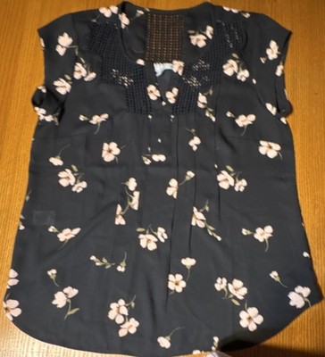 Daniel Rainn Floral Crochet Cap Sleeve Blouse PS Black Pink Women#28