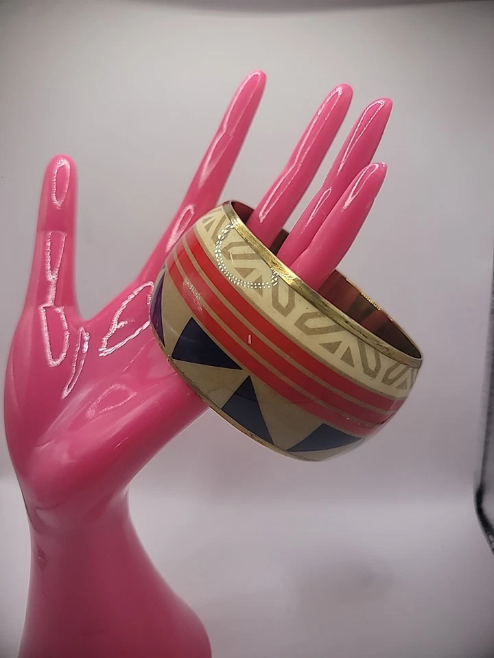 Pulsera Brazalete Vintage Beige Rojo Azul Tono Dorado Joyería Disfraz Foto 2 de 4