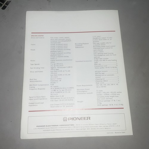 Vintage Original Pioneer QT-6600 QUADRAPHONIC STEREO TAPE DECK Specs Brochure - Bild 3 von 3