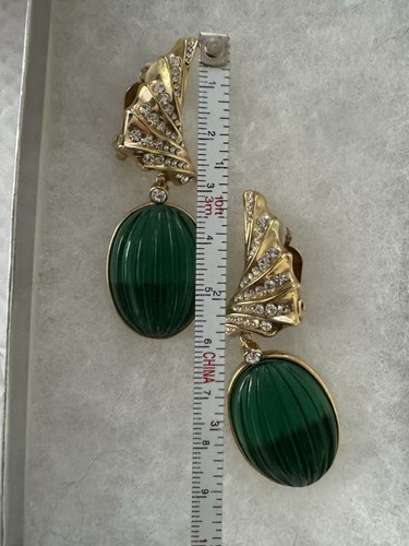Glam Hutton Wilkinson HW Green Molded Glass CZ Statement Earrings Clip - Picture 3 of 7