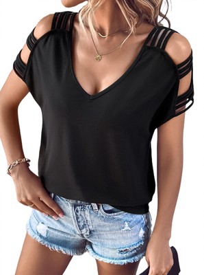 Women's Ladder Cut Out T Shirt Tops Short Sleeve V Neck Tee Top Blouses Black...