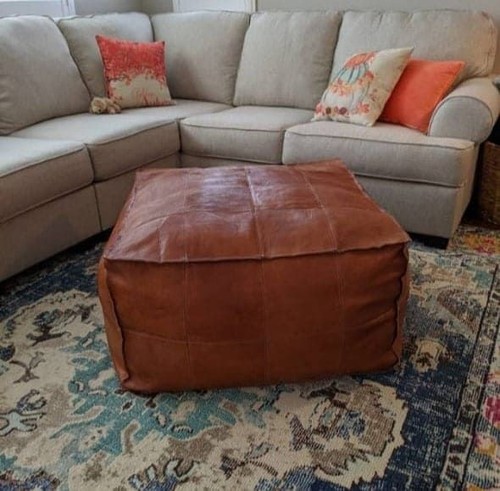 Moroccan Leather Ottoman Boho Pouffe Footstool New Brown Genuine 30''Unstuffed - Picture 2 of 6