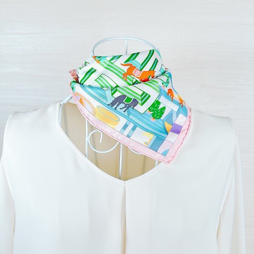 HERMES Petit Carre 45 Scarf Horse Club w/Box 100% Silk Square 17" Pink Used - Picture 3 of 21