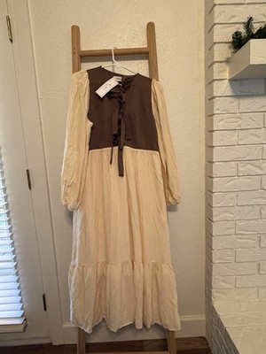Vonda Dress- Brown/Cream/Small, adjustable tie bows down the front. Brand New