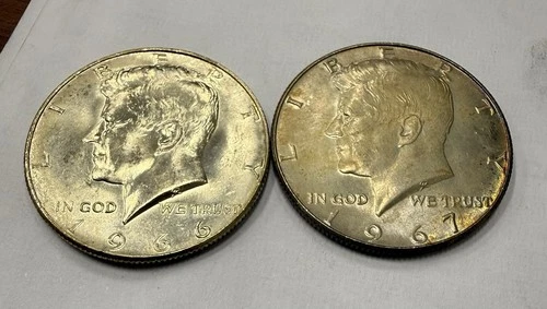 Lot Of 2 - 1966 & 1967  Gem SMS BU Kennedy Half Dollar 40% Silver US Coin A60