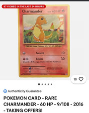 AUTHENTIC 2016 Pokemon Charmander 9/108 Card