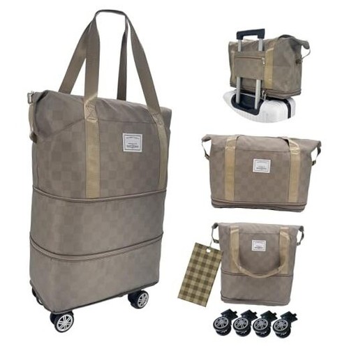 Expandable foldable duffel bag suitcase, detachable rolling wheels,carry Khaki