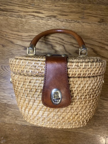 Vintage ARCHITECT Woven Rattan BrassHandbag Purse Philippines Leather Trim 1970s - Picture 9 of 13