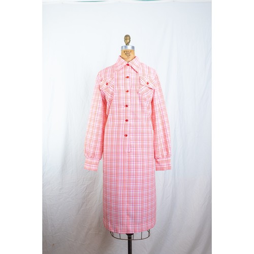 Vintage 60s Mod Pink Orange Plaid Day Dress, Bright Atomic MCM Long Sleeve, LG - Picture 4 of 10