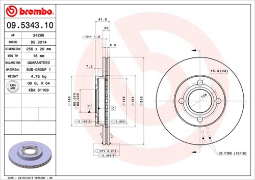 2x BRAKE DISC 09.5343.10 FOR AUDI CY 1.6L DZ/JV/NE 1.8L 4cyl 4000KL/KK 2.1L 5cyl - Picture 2 of 10