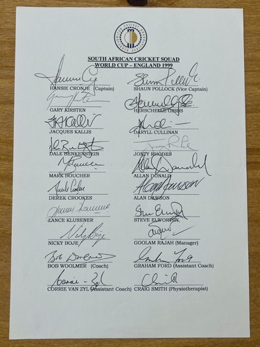 Hand Signed A4 Sheet - South African Cricket Team 1999 - 20 signatures