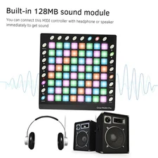 Portable USB MIDI Drum Pad Controller 64 RGB Backlit Pads 24 Buttons Black KWTF