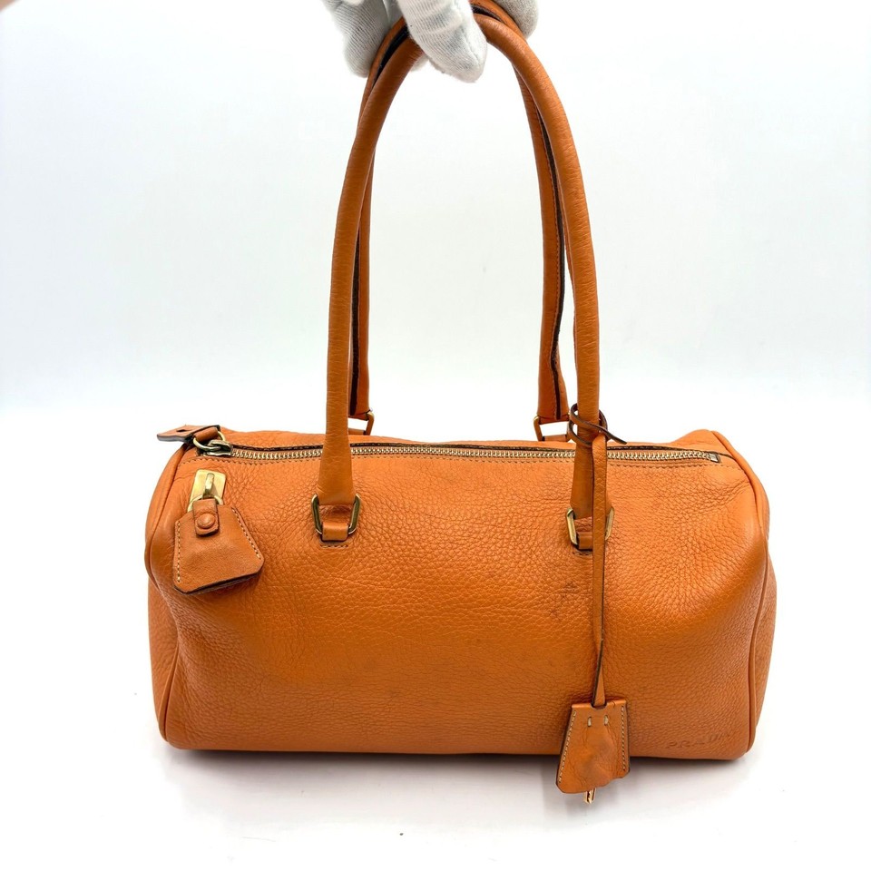Auth PRADA DAINO BOX Leather Tote Bag  Shoulder Bag, Orange 2Y10484