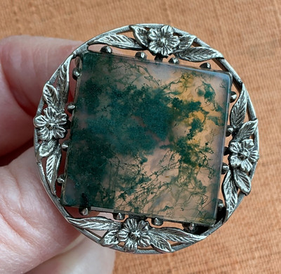 Vintage Arts & Crafts Silver Brooch by Bernard Instone, Moss Agate & Flowers
