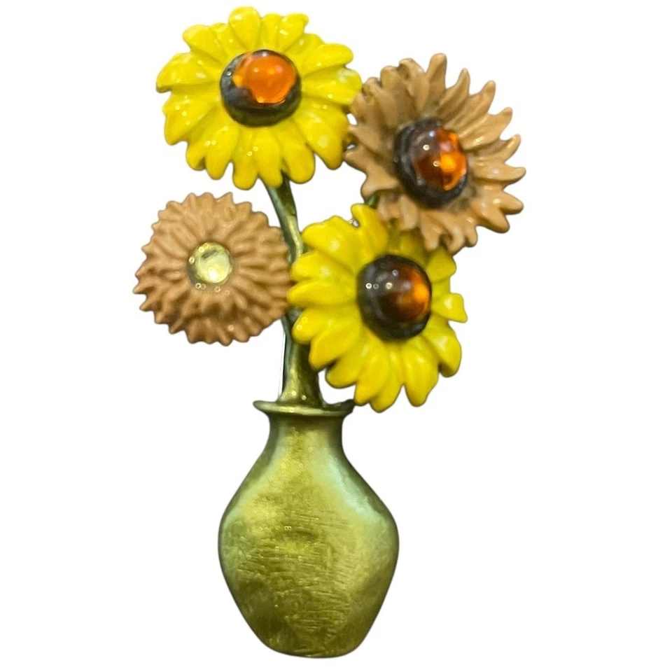Enamel Flower Bouquet Brooch Pin Green Vase Yellow Brown Sunflowers Rhinestone - Image 2 of 4