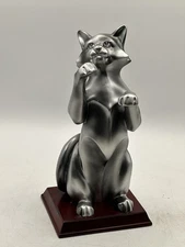 Herco Gift Professional Silver Tone Feline In Pose On Wooden Base