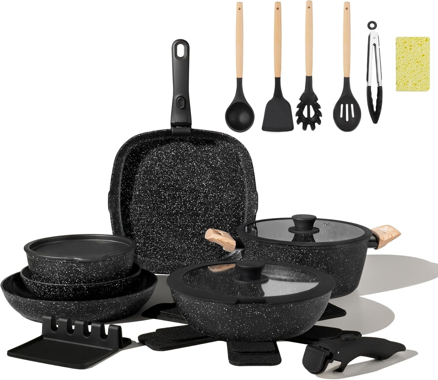 23pcs Nonstick Ceramic Cookware Set with Detachable Induction Handles