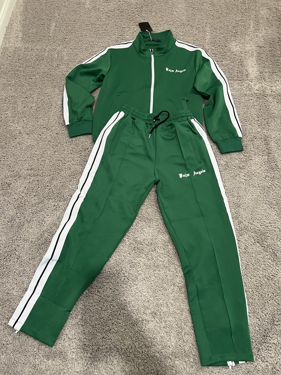 Palm Angels Green Tracksuit Set Jacket Pants White Stripes Logo