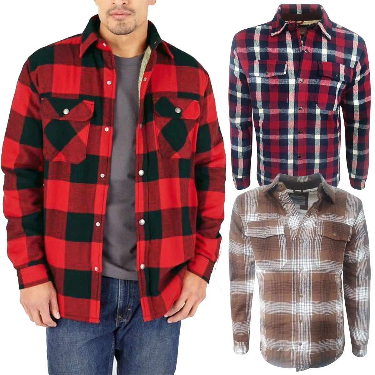 Mens Padded Shirt Flennel Work Extra Thick Sherpa Fleece Lined Warm Casual Top