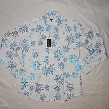 Barry Wang Long Sleeve Christmas Shirt Small White with Blue Print 20% Silk