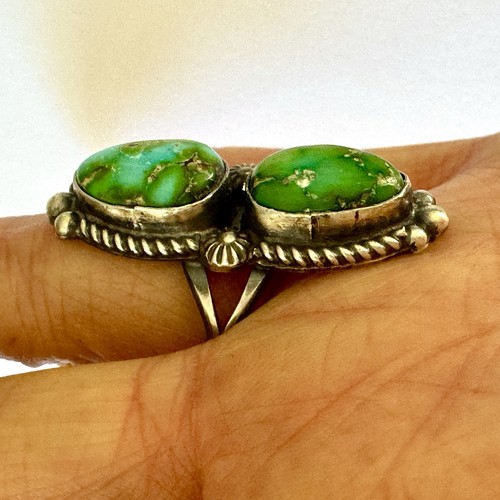 Navajo Sonora Gold Türkis Ring 2 Steine Größe 8 signiert Shakey lang Sterling - Bild 5 von 8