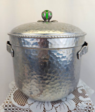 Seau à glace en métal martelé avec couvercle, poignées, géométrique art déco, perle de verre vert