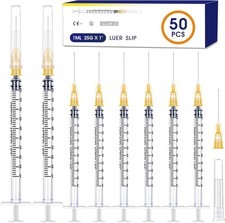 25 Gauge 1 inch Needle with Syringe 50Pack, 1ml Luer Lock Disposable Syringes..