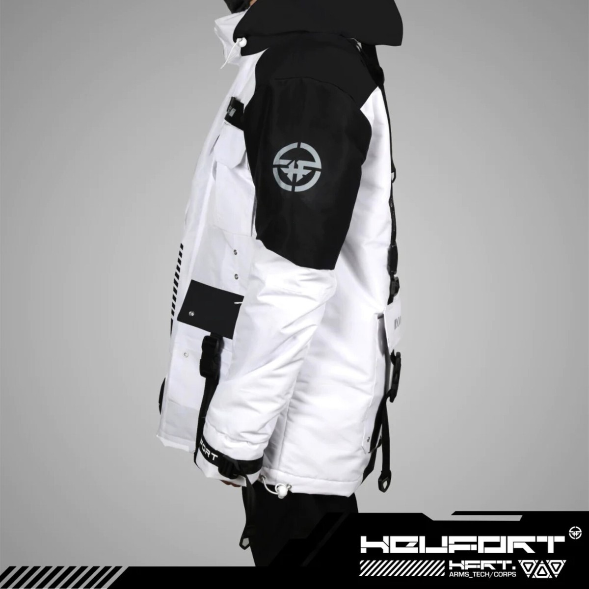 Men's Techwear White Parka Jacket Coat Hoodie Full Zip KP