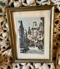 Vintage WILLI FOERSTER German Print On Silk Fabric Signed Framed Old Cityscape
