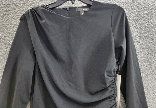 AQUA Draped Long Sleeve Mini Sheath Dress Women's M Black Round Neck Zip Closure - Picture 3 of 15