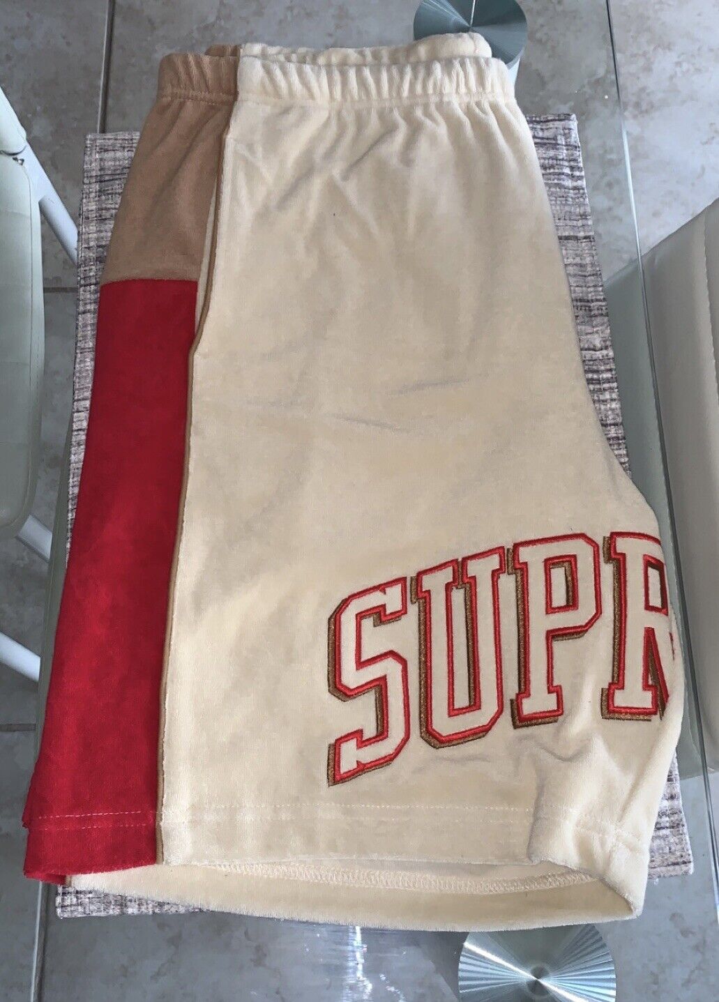 Supreme SS21 Terry Basketball Shorts Mens Medium Tan Red New Authentic 2023