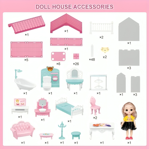 "Multilevel Doll House with 108 Accessories, Creative Play Set for Kids 3+ - Picture 10 of 14
