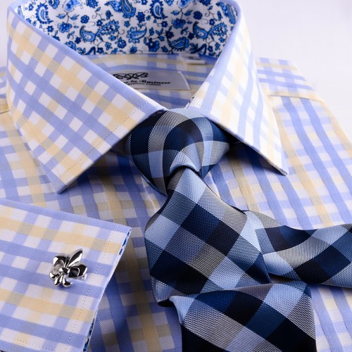 Hombre azul y amarillo Cuadro Formal Camisa de vestir de negocios Floral italiana Paisley Boss - Imagen 5 de 12