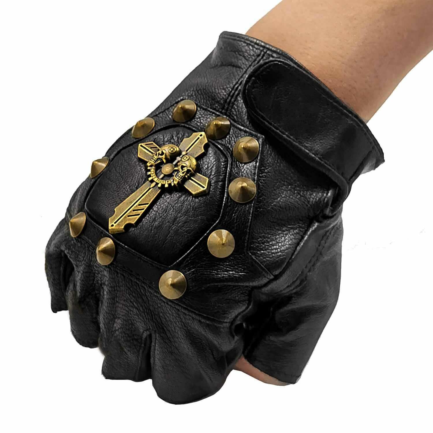 Steampunk Vintage Leather Gloves Mens Biker Rock Studded Fingerless