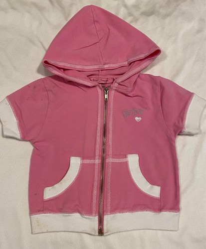 2005 Betsey Johnson Girl ShortSleeve Pink HOODIE-5-CottonStretch-Logo-Zip-Pocket - Picture 1 of 10