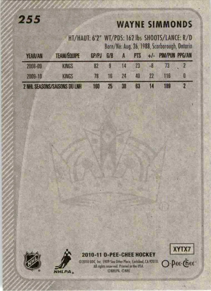 2010-11 O-Pee-Chee Wayne Simmonds #255 - Image 2 of 2