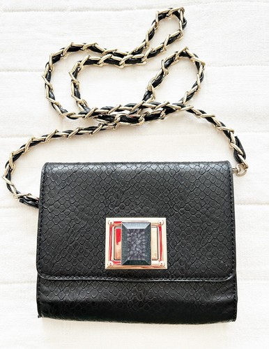 bebe Black Bag Mini Purse Clutch Faux Snake Skin Embossed Gold Accent Turn Lock - Picture 3 of 14