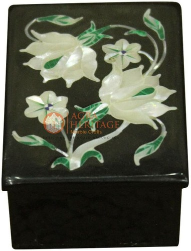 3"x2" Black Marble Jewelry Lidded Box Real Mop Floral Marquetry Christmas Gifts - Picture 1 of 8