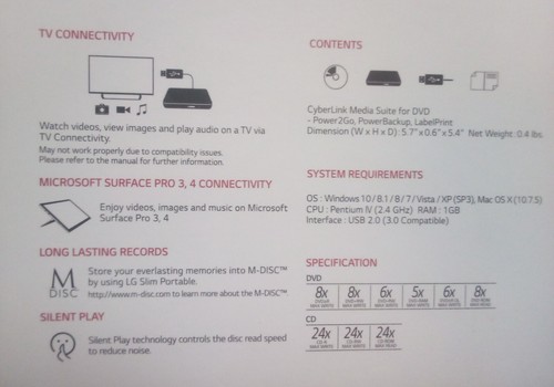 LG EXTERNAL DVD-WRITER BLACK ULTRA SLIM PORTABLE SP80 DVD-RW  TV, PC WINDOWS MAC - Afbeelding 4 van 7