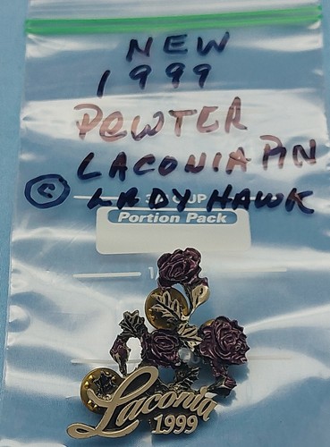 Pin de evento de peltre vintage 1999 Laconia Bike Week para motociclista con rosas púrpuras dama halcón - Imagen 5 de 5