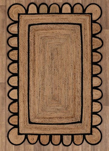 Black Double Border Jute Scallop Handmade Boho Rug Home Decor Scalloped Jute Rug - Picture 6 of 10